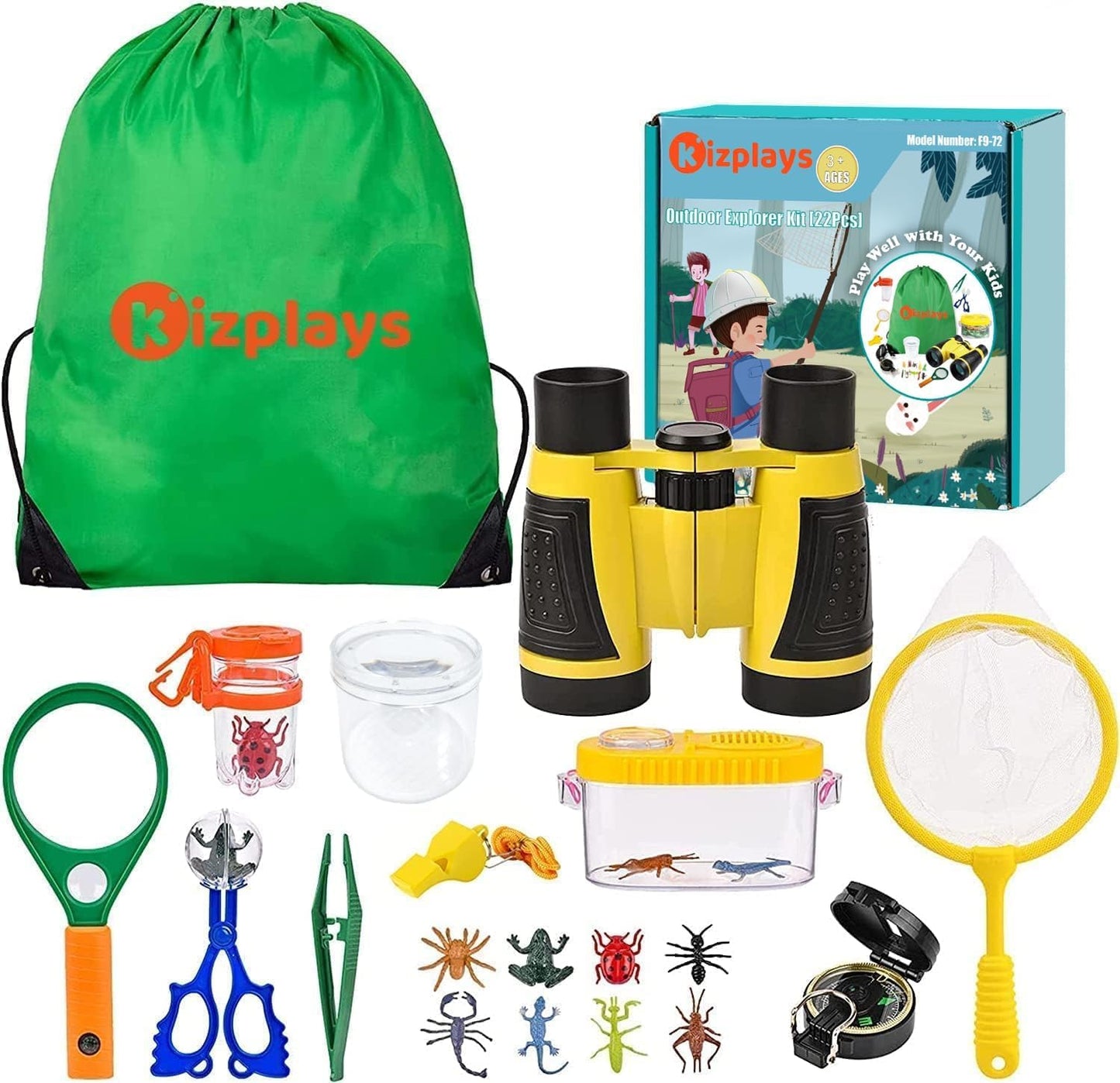 Kizplays® Kids Explorer Kit with Binoculars 22 Piece Set includes Bug Catcher, Compass, Magnifying Glasses, Microscope. Great camping, adventure gift for outdoor play. Ages 3-9.