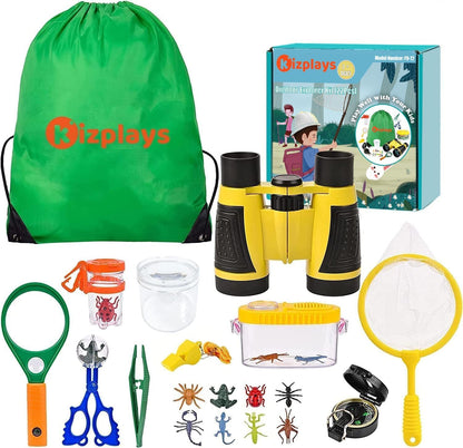 Kizplays® Kids Explorer Kit with Binoculars 22 Piece Set includes Bug Catcher, Compass, Magnifying Glasses, Microscope. Great camping, adventure gift for outdoor play. Ages 3-9.