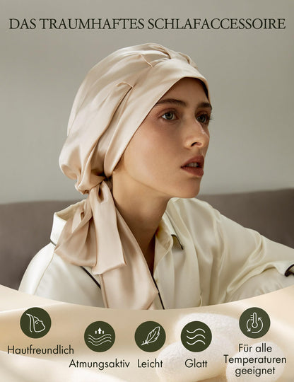 LilySilk 100% Pure Mulberry Silk Sleep Cap for Women Natural Silk Cap for Sleeping and Hair Care Night Hair Wrap with long elastic band to keep, Yellow Stone