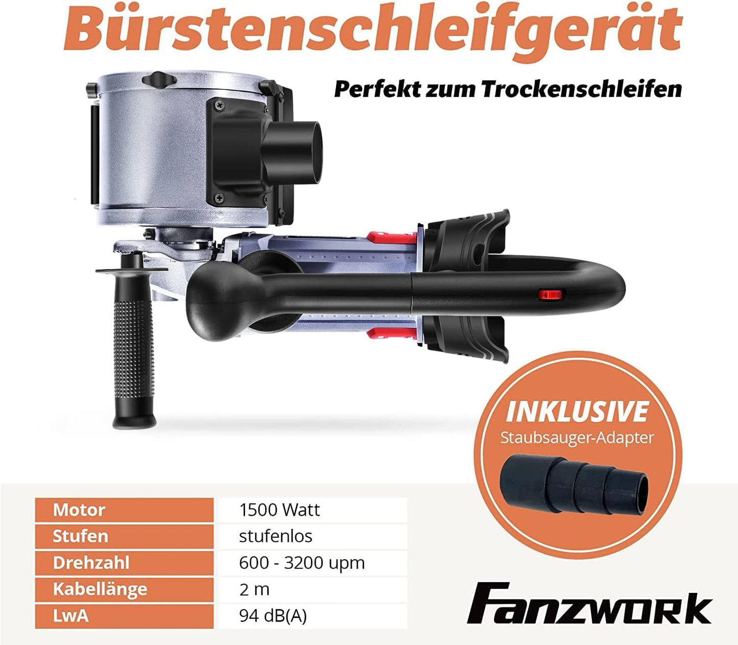 FANZWORK V2 1500 Watt Satiniermaschine for renovating all kinds of surfaces, with dust extraction connection, speed control, ball handle, steel wire & nylon & sandpaper brush.