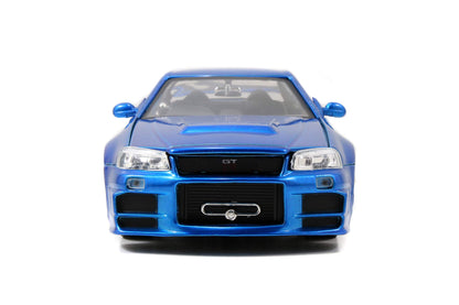 Jada Toys Fast & Furious Brian's 2002 Nissan Skyline GTR-R R34, car, die-cast toy car, opening doors, trunk & hood, 1:24 scale, blue.