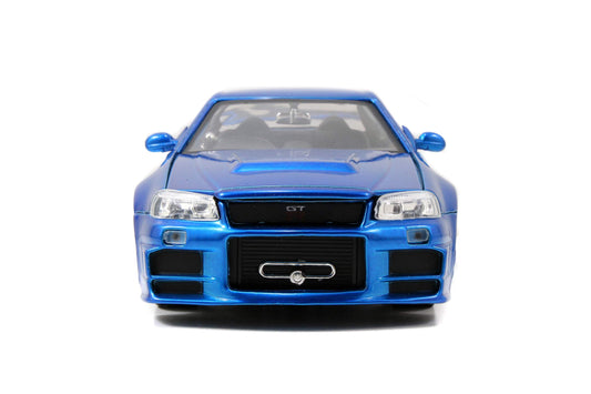 Jada Toys Fast & Furious Brian's 2002 Nissan Skyline GTR-R R34, car, die-cast toy car, opening doors, trunk & hood, 1:24 scale, blue.