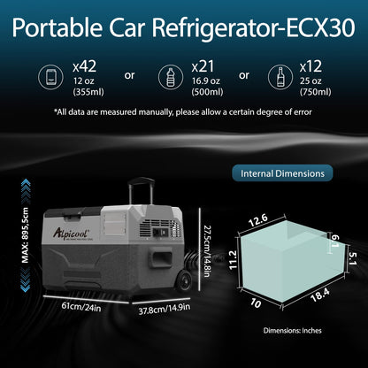 Alpicool ECX30 30L Compressor Cooler, 12V electric portable car refrigerator for camping with USB port, telescopic handle wheel, rechargeable (battery not included)