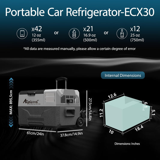 Alpicool ECX30 30L Compressor Cooler, 12V electric portable car refrigerator for camping with USB port, telescopic handle wheel, rechargeable (battery not included)