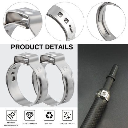 150 pieces 304 Stainless Steel Single Ear Stepless Hose Clamps Set, 6-33.1mm 12 Sizes Crimp Hose Clamps Assortment Kit, Ear Cinch Rings Crimp Pinch Fitting Tools