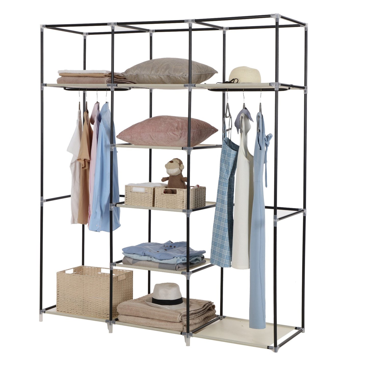 SONGMICS wardrobe, foldable fabric closet with 2 clothes rails, 175 x 150 x 45 cm, Beige RYG12M