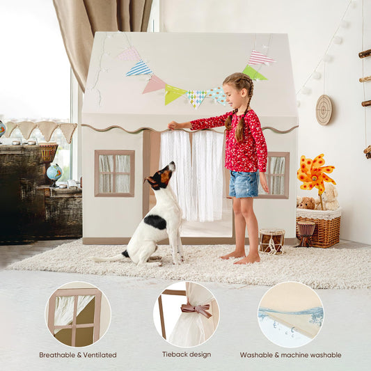 Rouwthio Kids Play Tent Play House Tent for kids for play and relaxation. Foldable kids indoor/outdoor tent with small windows, door curtains, and mat.