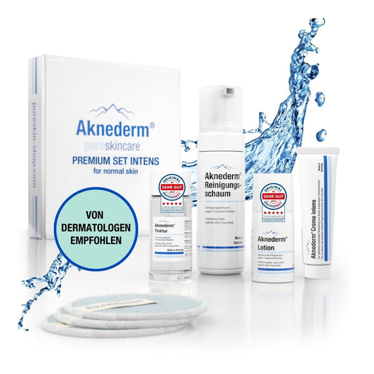 aknederm Premium Set intense for normal skin - set with tincture/cleansing foam/lotion/cream intense & cleansing pads - natural skincare set - ideal for acne treatment 230ml
