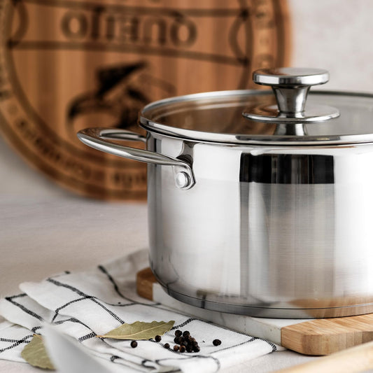 FLORINA Stainless Steel Pot 3.5L 20cm Diameter | Energy Efficient Cooking Pot FALCON | Pot with Glass Lid and Measuring Scale | 3-layered Base for Even Heat Distribution | Suitable for all Stove Types