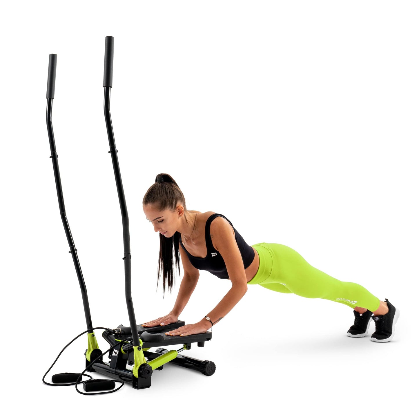 Hop-Sport Stepper Lime Green with handles - Nordic Walking and Swing Stepper for home, Adjustable stepping surfaces, Detachable expanders, Cardio fitness device for home.