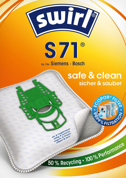 Swirl S 71 EcoPor vacuum cleaner bags (10 bags), tear-resistant dust bags for select Siemens & Bosch vacuums, in eco-friendly packaging, 99.9% filtration of household dust & allergenic fine dust.