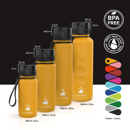 coolrhino Water Bottle 1000ml for sports, outdoor, school, fitness & kids - Leak-proof and BPA-free - Bottle suitable for carbonated drinks (Rhino Sun Yellow, 1000ml)