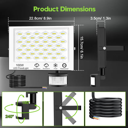 LED floodlight with motion sensor outside - 100W 10000LM 6500K LED floodlight outside with remote control, timing function, adjustable brightness LED floodlight, IP66 waterproof spotlight for garage yard