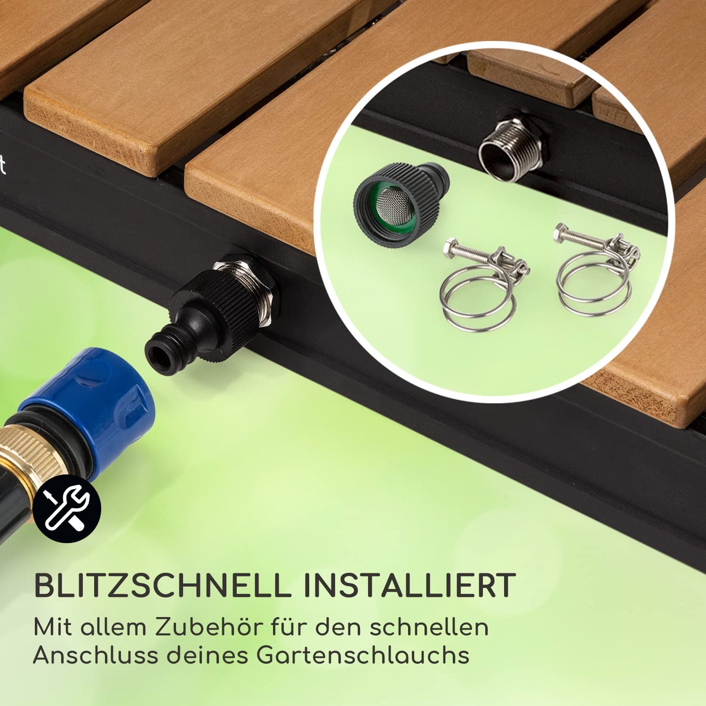 Blumfeldt Mobile Garden Shower, outdoor shower for the garden, floor shower with 4m fountain height, floor garden shower with wood look for pool & sauna, outdoor shower waterproof, frost- & UV-resistant