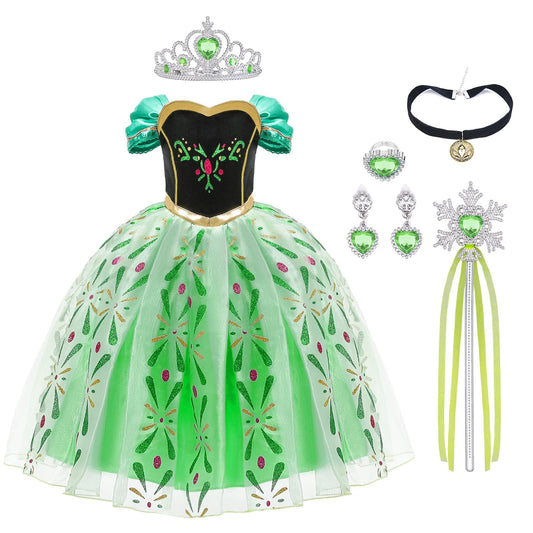 "URAQT Girl Costume Dress, Kids Princess Costume for Carnival Party Cosplay Disguise Halloween Celebration Birthday, with Accessories Crown Wand, 130CM"