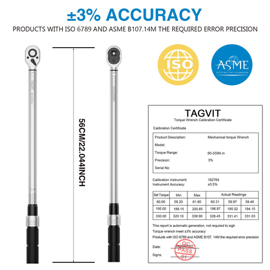 TAGVIT 1/2 inch Torque Wrench, ±3% error accuracy, 60-330 NM Torque Wrench for motorcycle, car, truck repairs, 72 teeth reversible ratchet head