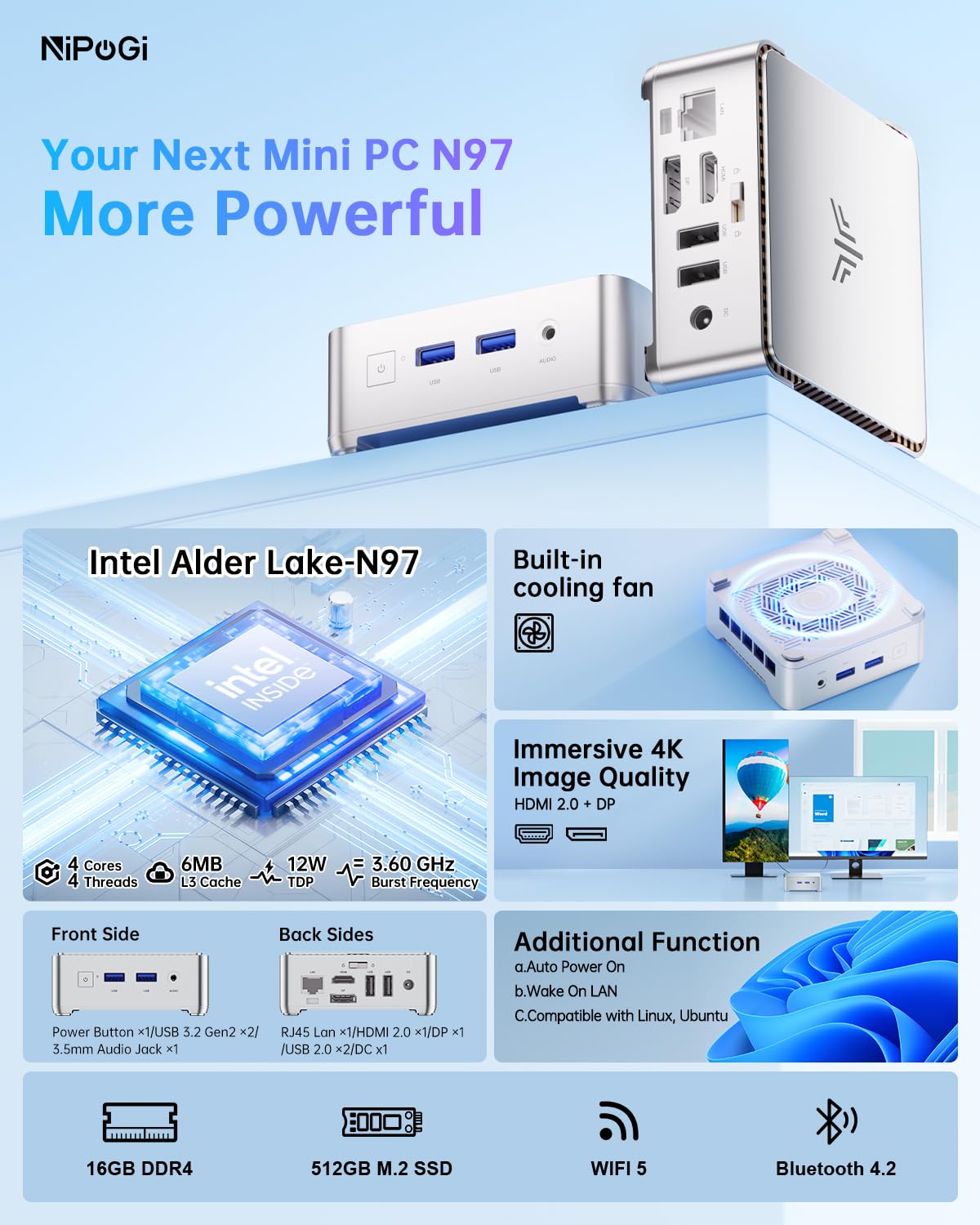 NiPoGi Essenx E2 Mini PC W-11 Pro, Intel Alder Lake-N97 (up to 3.6 GHz), 16GB DDR4 512GB M.2 SSD Mini Desktop Computer, Dual-WiFi, HDMI, DP, 4K Dual-Display Micro-PC with VESA for School/Office/Home.