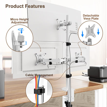 PUTORSEN Triple Monitor Stand for 13-32 inch Flat & Curved Screens, 80cm Pole Desk Mount with Swivel, Tilt, Height Adjustment, 9kg per Arm, VESA 75x75/100x100, White