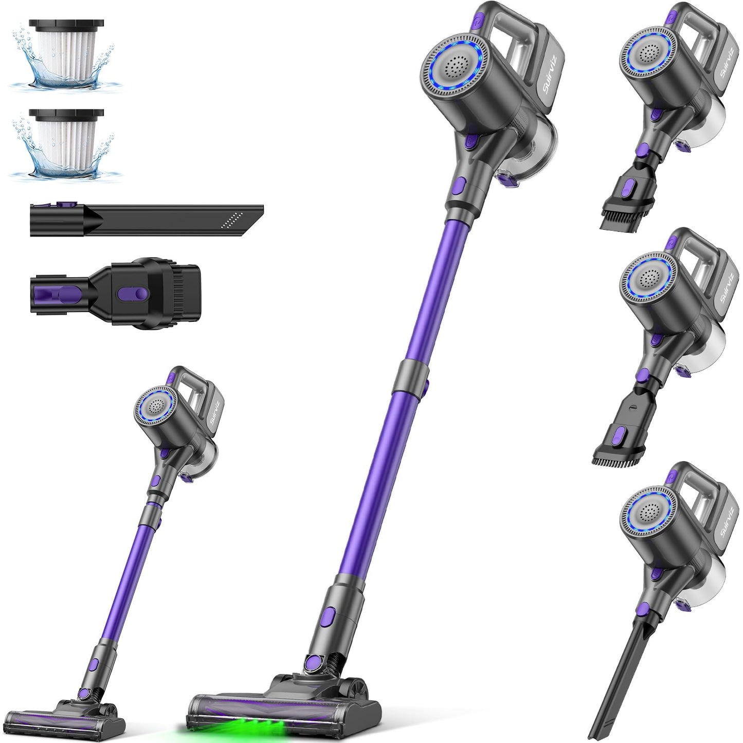 Suirviz Cordless Vacuum Cleaner, 500W/40000Pa/40 Min Battery Vacuum Cleaner with Self-standing, Lightweight Stick Vacuum with Green Light, Ideal for Hard Floors, Carpets, Pet Hair
