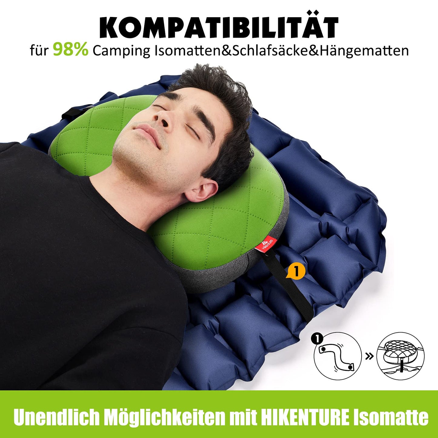 HIKENTURE Inflatable Camping Pillow with Removable Cover, Inflatable Travel Pillow Lightweight, Ergonomic Pillow on the go, Inflatable Camping Pillow Outdoor, Inflatable Pillow-Green