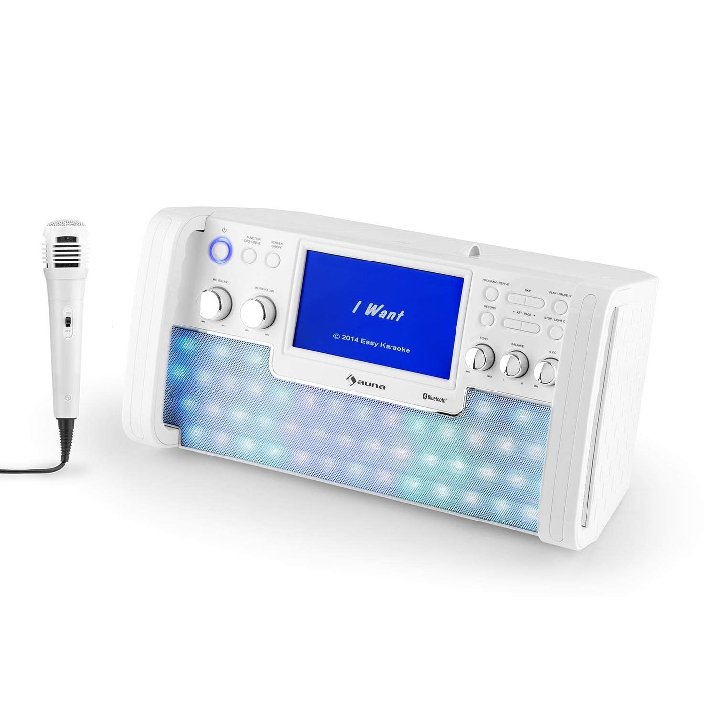 AUNA DiscoFever LED Edition - Karaoke system, machine with Bluetooth, 7" TFT screen, recording function, CD player, USB port, MP3 support, microphone, and karaoke CD, white.