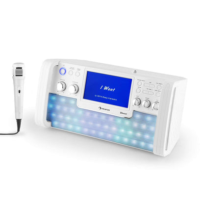 AUNA DiscoFever LED Edition - Karaoke system, machine with Bluetooth, 7" TFT screen, recording function, CD player, USB port, MP3 support, microphone, and karaoke CD, white.
