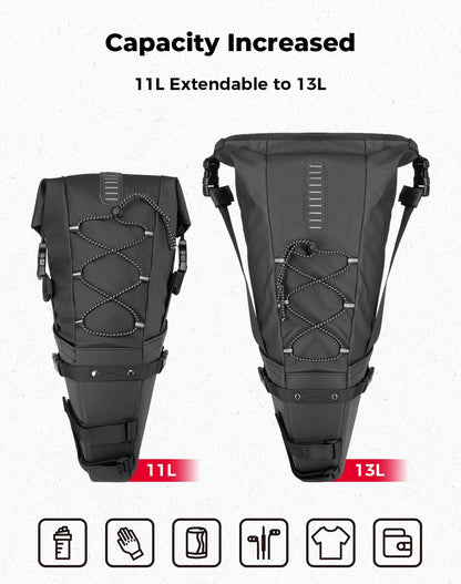 KEMIMOTO Bike Saddle Bag 11L, 100% waterproof bicycle seat bag for road bike, E-bike, and mountain bike, with attachment straps for mounting.