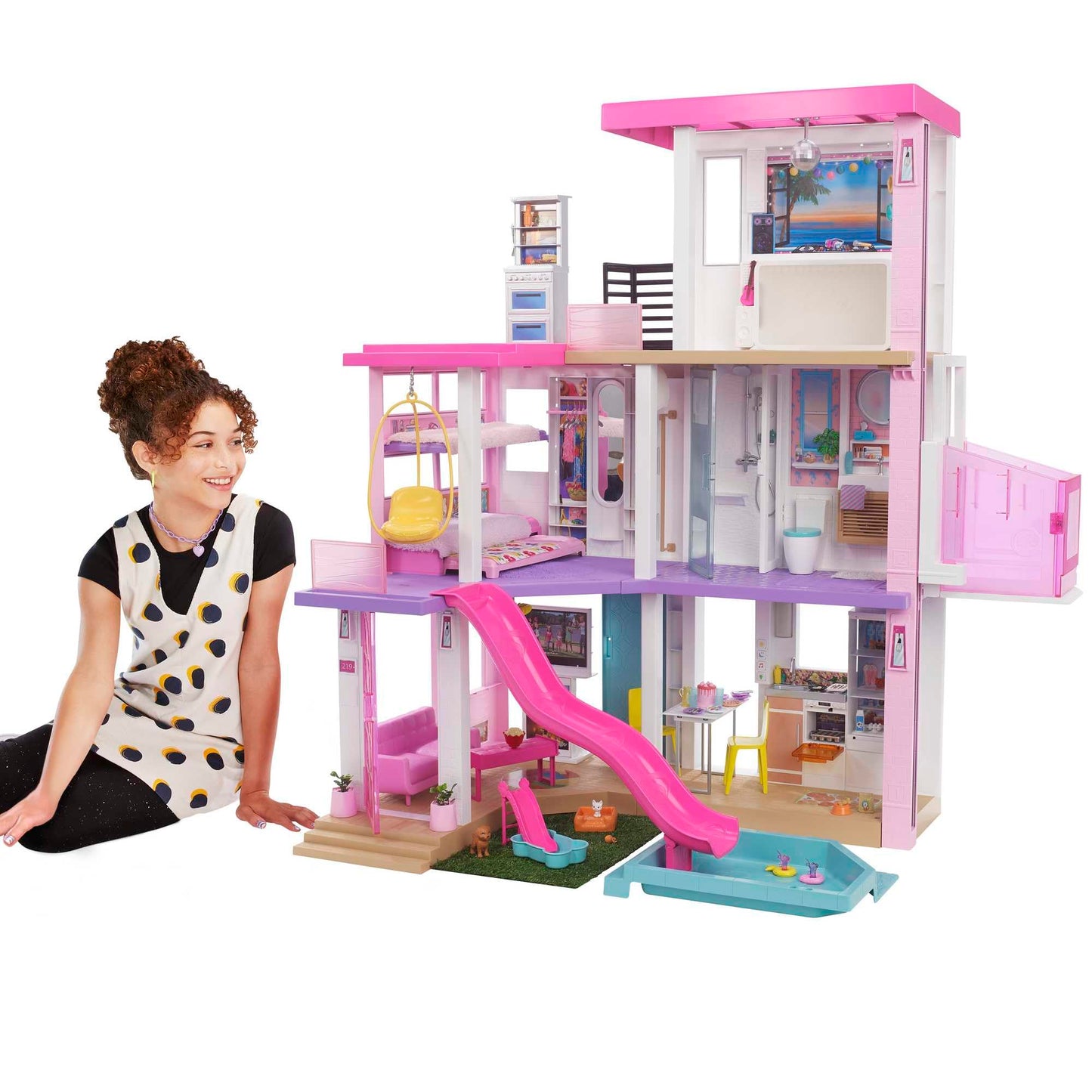 Barbie Dream House (114 cm), 3-story dollhouse with pool, slide, wheelchair lift, 75 accessories, dolls, suitable for children aged 3 and up, GRG93.