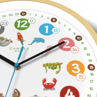 Cander Berlin MNU 2430 T Wooden Kids Wall Clock 30.5 cm Animal Learning Clock Silent Analog Wood Frame Nursery Non-ticking for Boys Girls