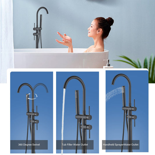 Rozin Freestanding Tub Faucet Black Bathroom Faucet with Hand Shower Floor Mount Bathtub Faucet 2 Handles 360° Rotate Shower Faucets for Tub