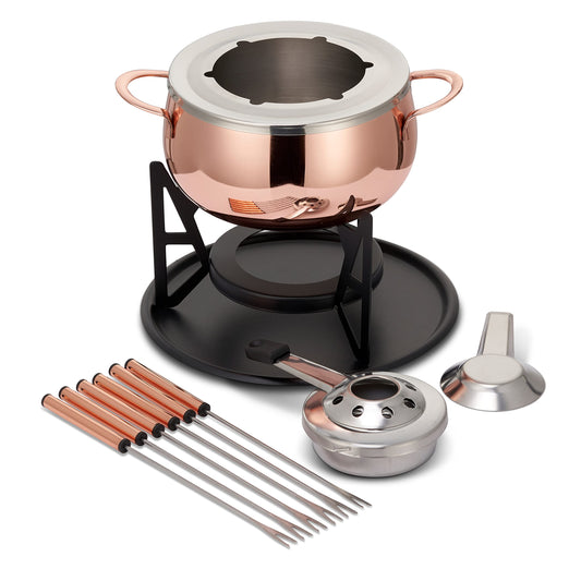 Oak & Steel - 10-piece Premium Stainless Steel Fondue Set for 6 people, Rose Gold/Copper - Chocolate, Cheese, Meat - Sturdy & Stylish - Gift Set for Valentine's Day/Birthday/Anniversary