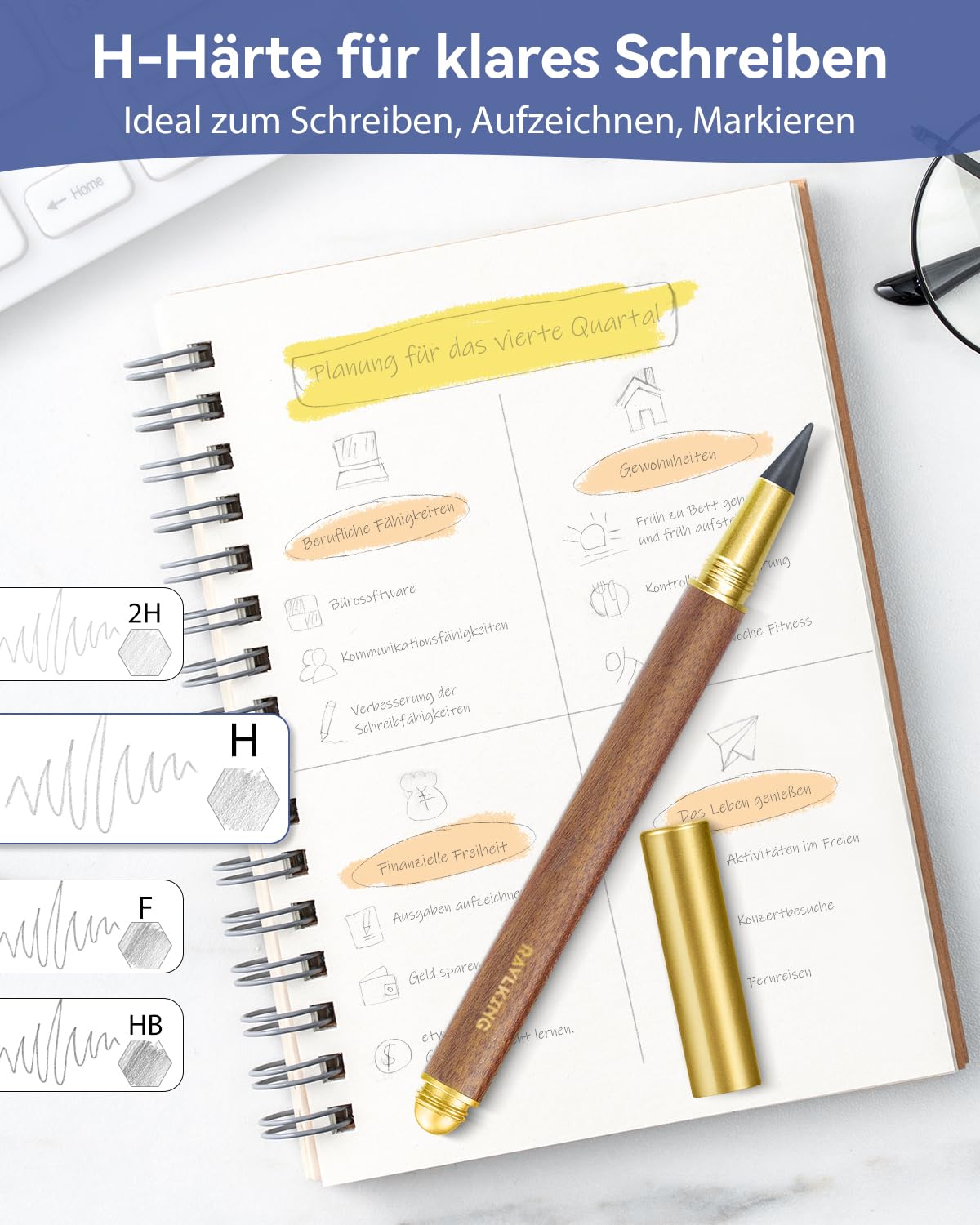RaylKING Eternal Pencil - C1300, precision crafted from sandalwood - also equipped with 2 replaceable graphite leads with fine brass thread and HB hardness, elegant gift box