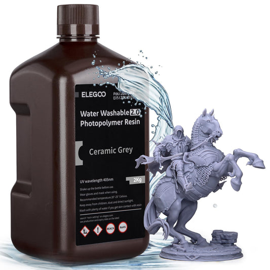 ELEGOO Upgraded Water Washable 3D Printer Resin 2.0, Fast Curing Photopolymer Resin for LCD DLP SLA Resin Printers, 395-405nm UV Curing 3D Printing Liquid, Grey 2000g