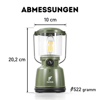 Favour Retro LED Lantern Outdoor | Bright camping lamp, dimmable, candlelight mode | LED lamp rechargeable battery, IP64 waterproof, shockproof | Hanging lamp tent, removable shade, green incl. battery