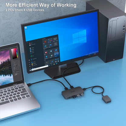 BENFEI USB 3.0 Switch, USB switcher 2 computers with 1x USB C port and 3x USB A ports, 2 in 4 out USB 3.0 switcher with desktop controller, USB KVM switch selector compatible with Windows Mac Linux.