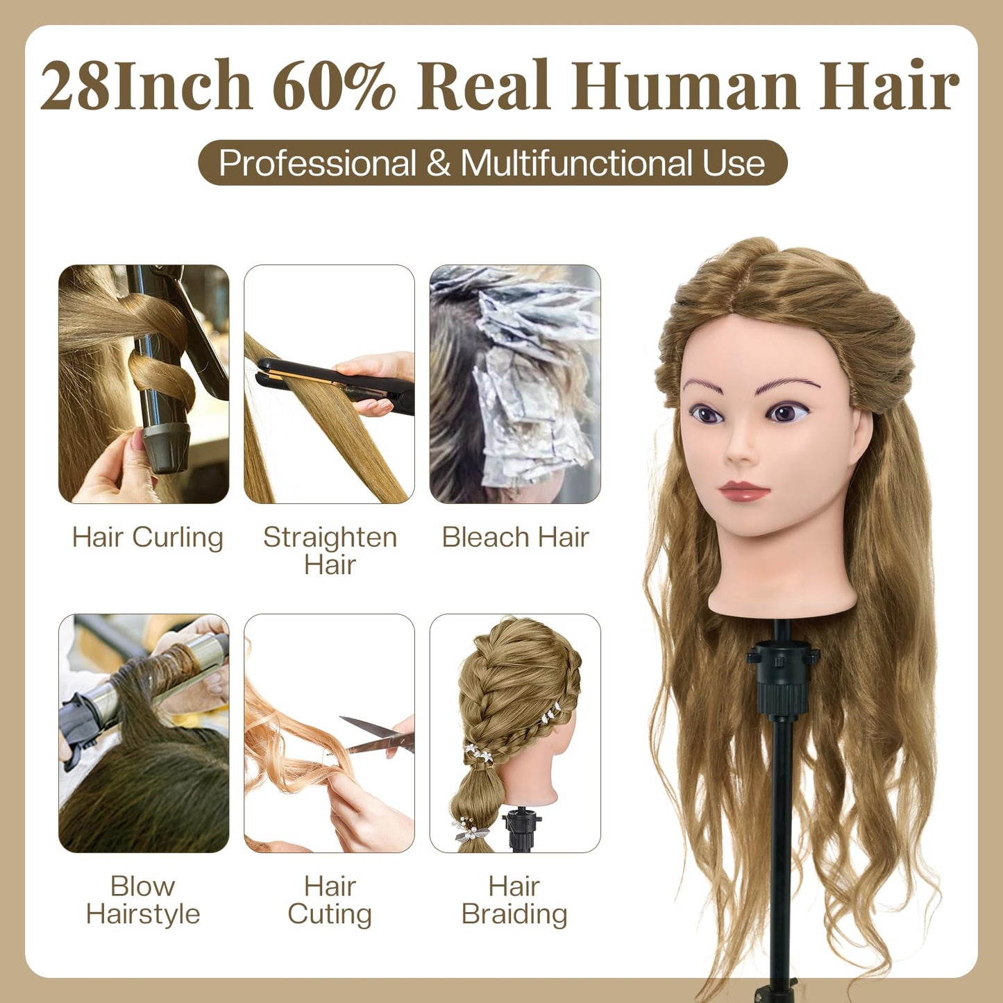 Neverland Hairstyling Head, 28 Inch 60% Real Human Hair Mannequin Head for Hairdressing with Table Clamp + DIY Hair Styling Tools Set (Gold)