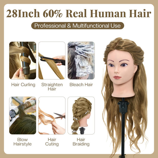 Neverland Hairstyling Head, 28 Inch 60% Real Human Hair Mannequin Head for Hairdressing with Table Clamp + DIY Hair Styling Tools Set (Gold)