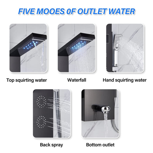 Black LED Multifunction Shower Panel with Stainless Steel Corner Mount Rain Shower Column Bathtub Faucet Shower System Shower Set No Battery Shower Fixture Set Hevenaov