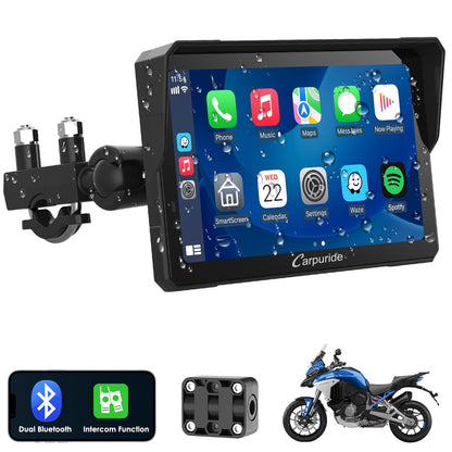 The Carpuride W702 Pro motorbike Carplay screen features intercom function, wireless CarPlay and Android Auto, portable waterproof 7-inch touchscreen, improved dual Bluetooth, navigation, compass.