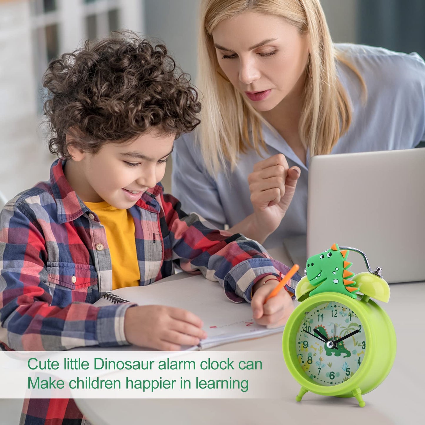 TCJJ Dinosaur Alarm Clock for Boys, Non-Ticking Cute Green Alarm Clock for Kids Boys, Classic Loud Double Bell Clock with Backlight, Suitable for School Gifts.