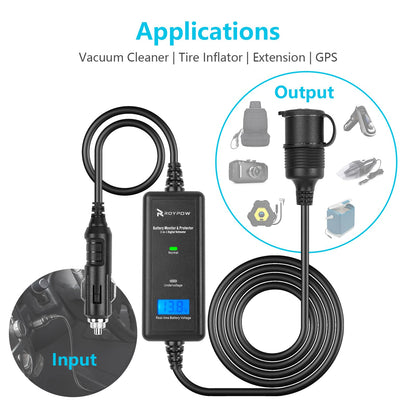 RoyPow VM10 12V 10A 120W All-in-1 Vehicle Car Battery Monitor & Protector & Extension Cable with Cigarette Lighter Adapter