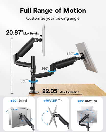 HUANUO Monitor Mount 2 Monitors 13-32 Inch, Height Adjustable Screen Mount with Long Arm, VESA 75/100mm, Increased Load Capacity 2-9 kg, 2 Mounting Options