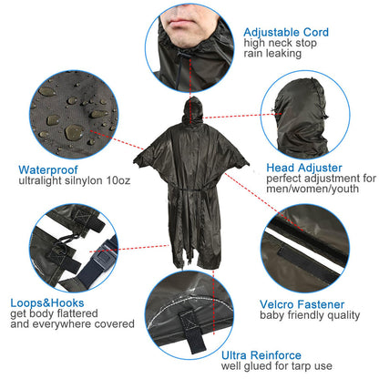 Onewind rain poncho for men and women, lightweight waterproof raincoat with hood and adjustable straps for camping, hiking, trekking, OD green.
