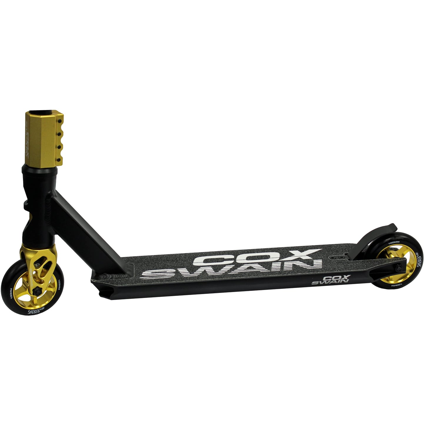 Cox Swain Stunt Scooter X-385, SCS compression, CNC fork, 100mm PU/aluminum wheels, ABEC 9, for kids + adults, beginners + pros, super stable - black/gold