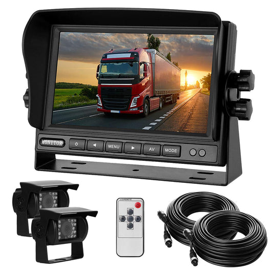 Dual rearview camera set with 7" TFT LCD vehicle monitor & two 170° wide angle rearview cameras, IP68 waterproof, 18IR night vision, for trucks/trailers/buses/vans/agriculture (12-24 Volt)