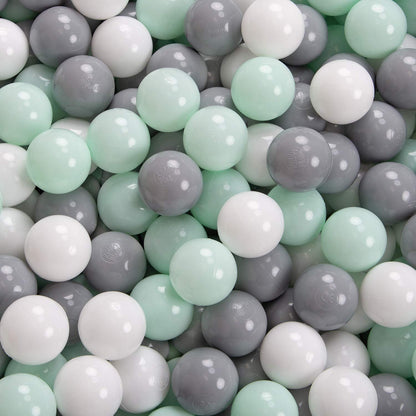 KiddyMoon ball pit 90X30cm with 200 balls Ø 7cm ball pool with colorful balls for babies kids round, light gray: white/gray/mint