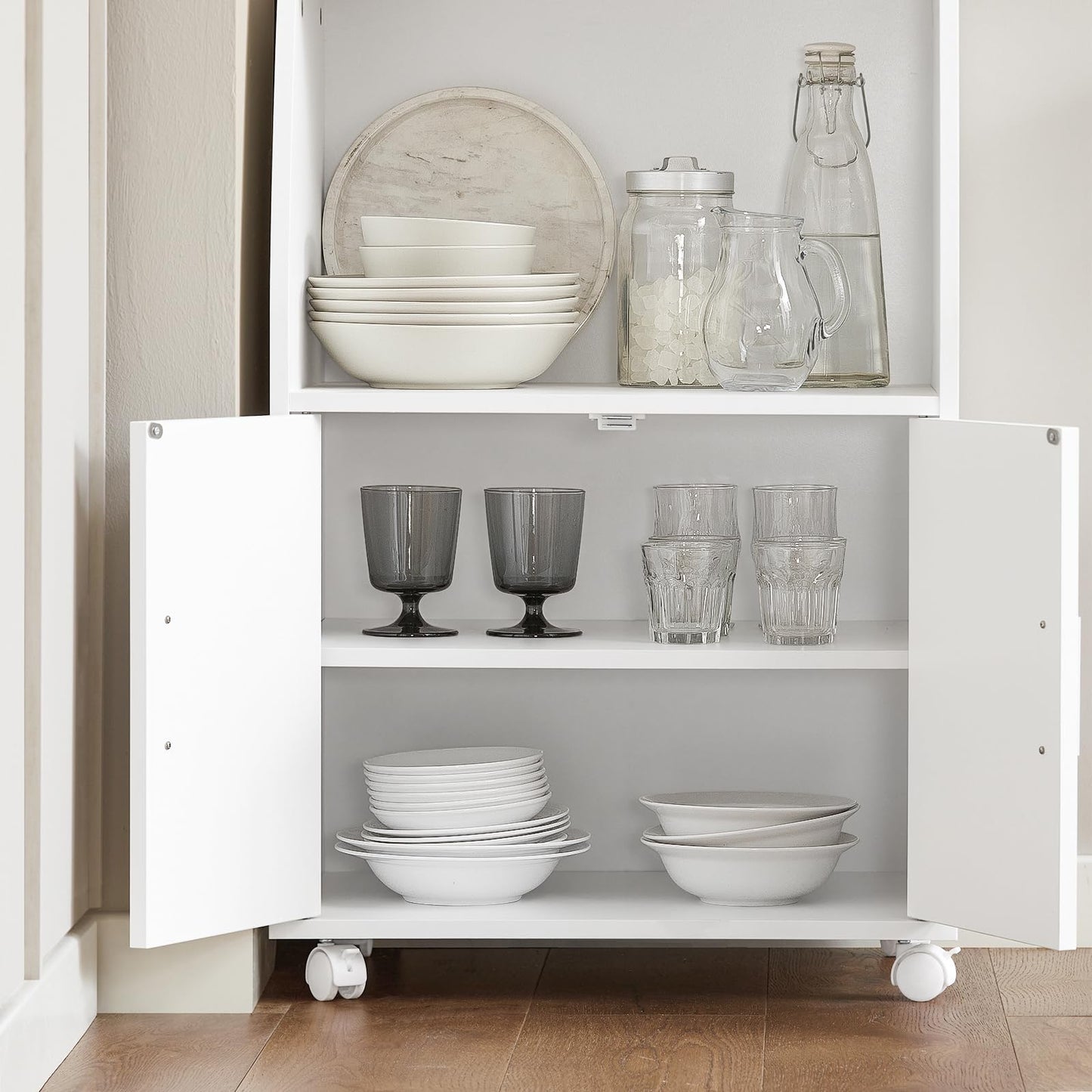 SoBuy Kitchen Trolley with Worktop, Mobile Serving Trolley with Drawer, Microwave Cabinet on Wheels, White Kitchen Cabinet Trolley for Small Kitchens, Office, or Dining Room. 92x59x40cm FRG241-W.