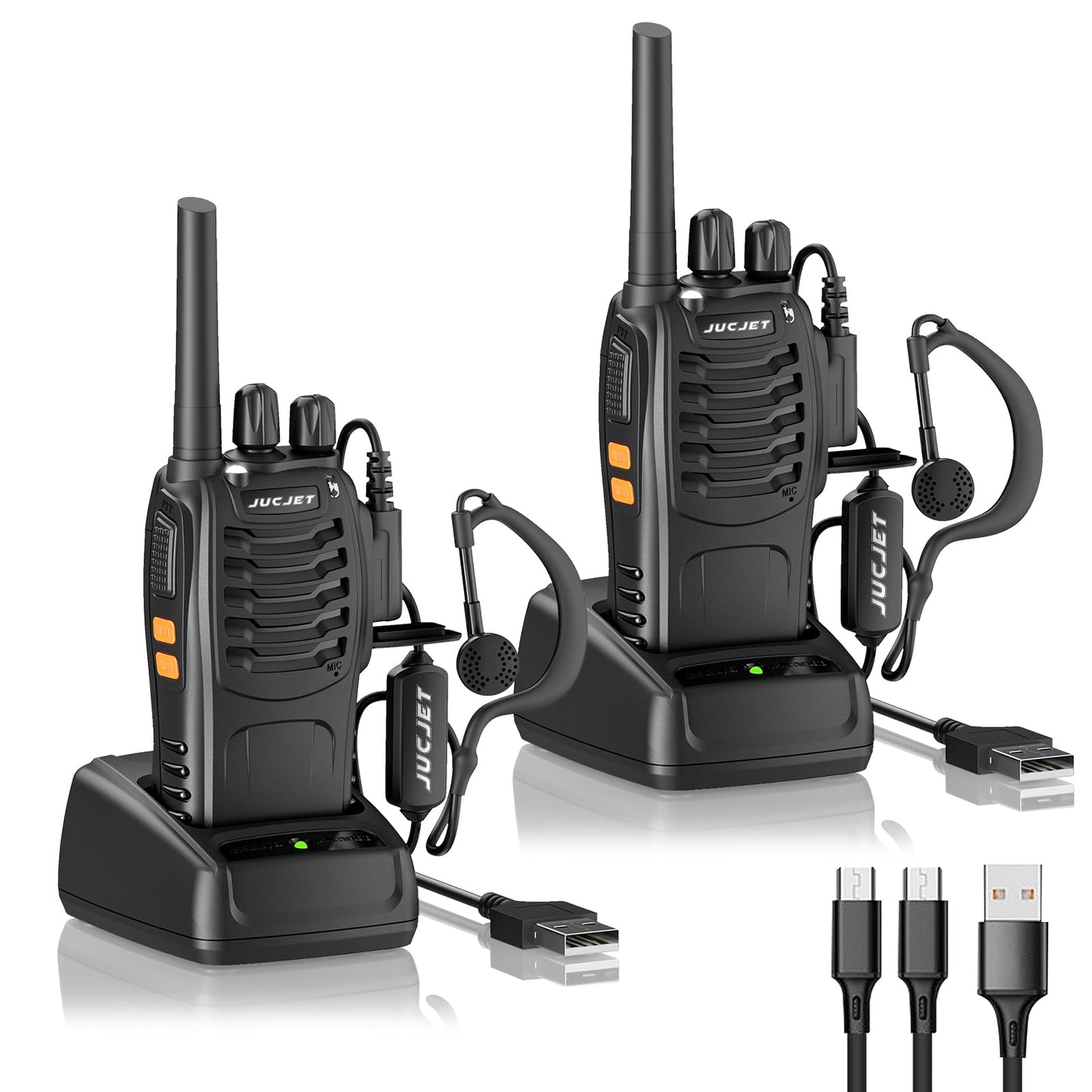 JUCJET 88E Walkie Talkie, License-free PMR446 16 channel radios, handheld radio with built-in LED flashlight. Comes with 2-in-1 Type-C charging cable, USB charging station, and headset (Black, 2 pieces)