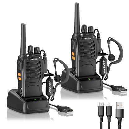 JUCJET 88E Walkie Talkie, License-free PMR446 16 channel radios, handheld radio with built-in LED flashlight. Comes with 2-in-1 Type-C charging cable, USB charging station, and headset (Black, 2 pieces)