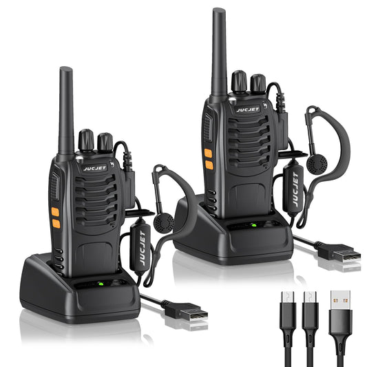 JUCJET 88E Walkie Talkie, License-free PMR446 16 channel radios, handheld radio with built-in LED flashlight. Comes with 2-in-1 Type-C charging cable, USB charging station, and headset (Black, 2 pieces)